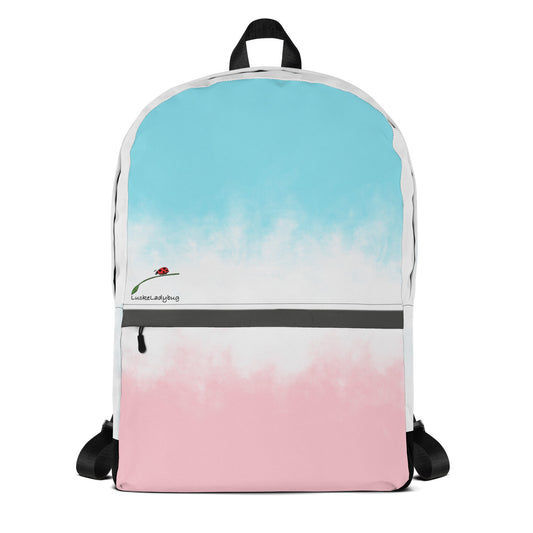 LuckeLadybug pastel tie dye bag for students with blue and pink gradient and front zipper pocket