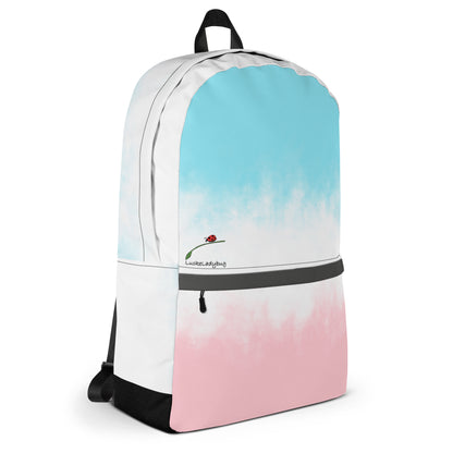 LuckeLadybug pastel tie dye bag for students with blue and pink gradient colors and black straps