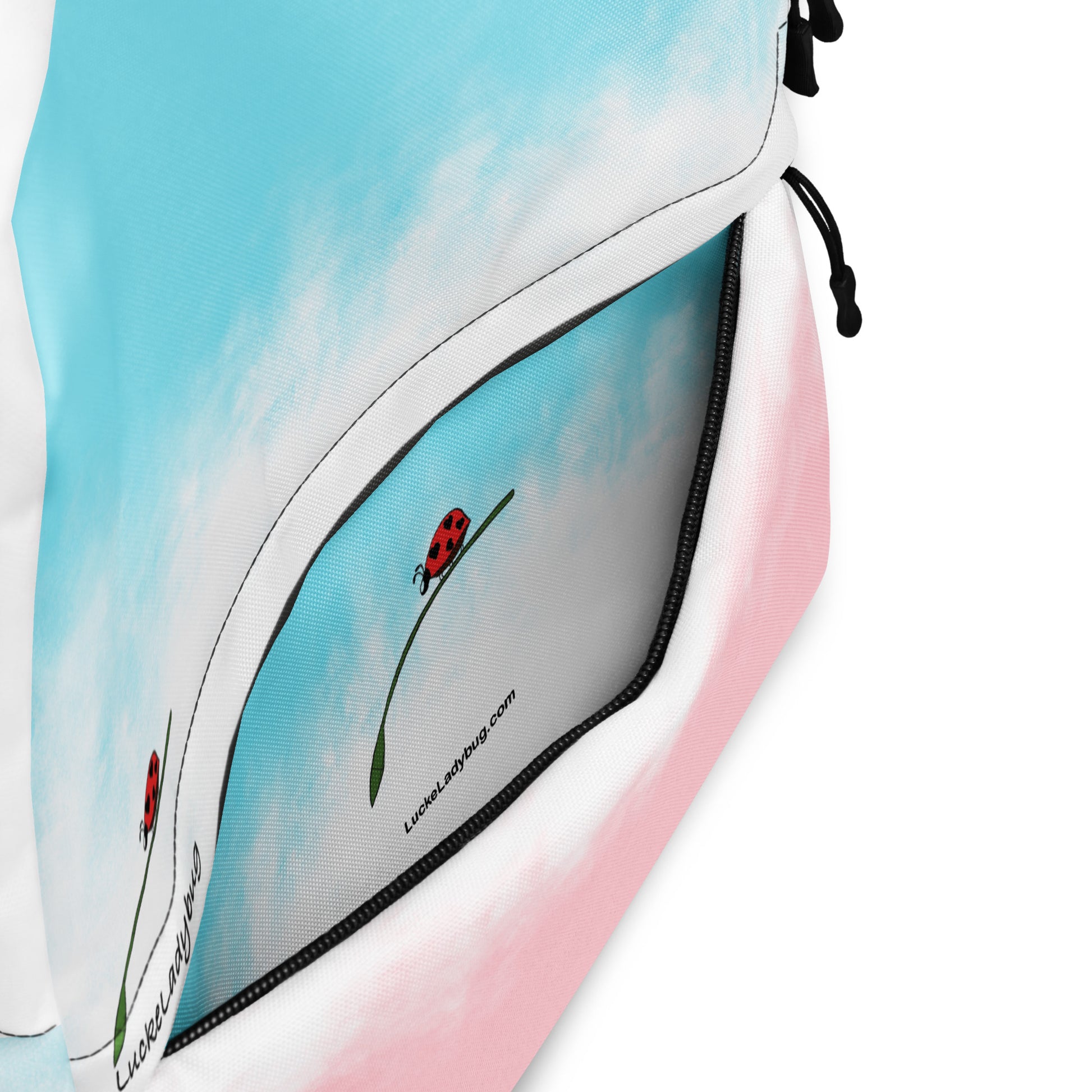 Pastel tie dye bag for students by LuckeLadybug with blue and pink colors and ladybug design