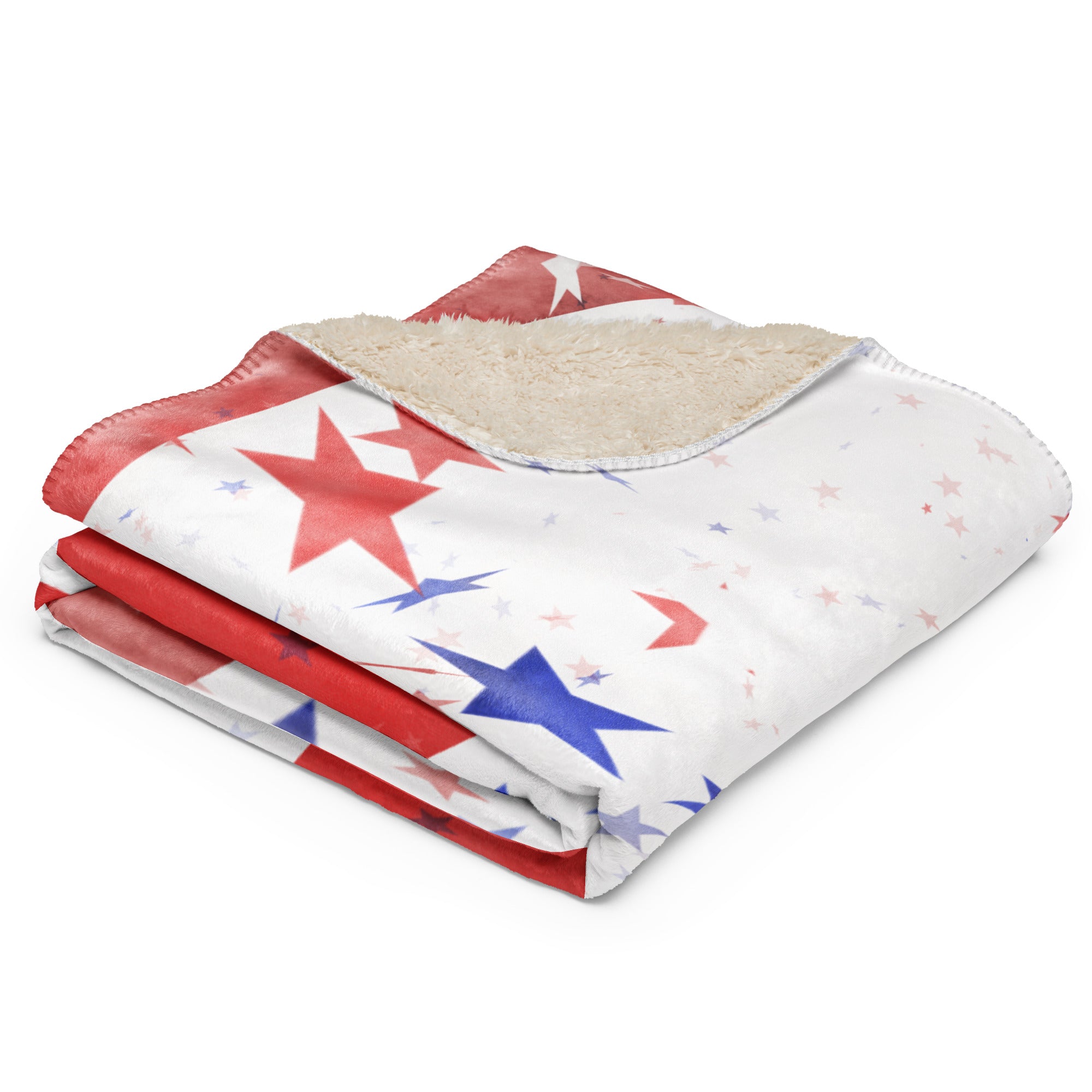 LuckeLadybug sherpa blanket patriotic bedding throw with red and blue stars and soft cream fleece lining