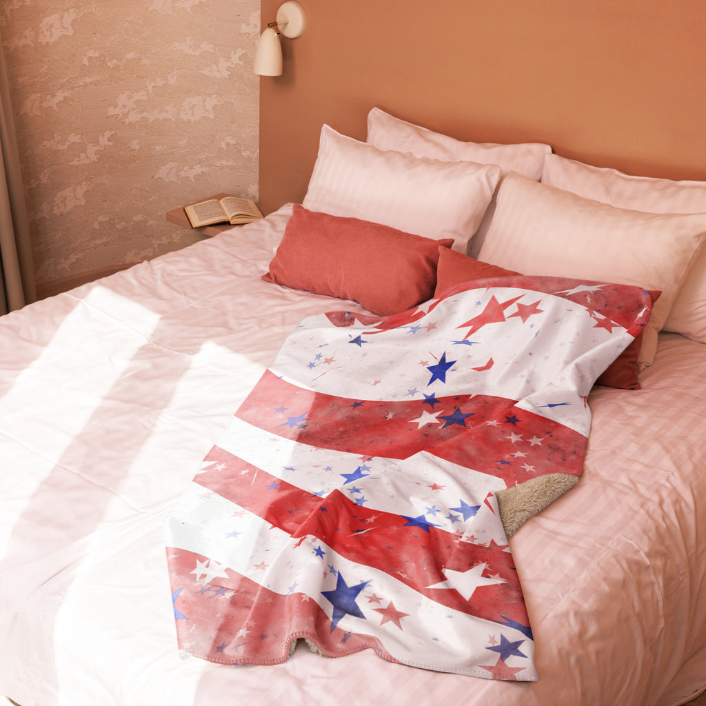 LuckeLadybug sherpa blanket patriotic bedding throw with stars and stripes on a cozy bed