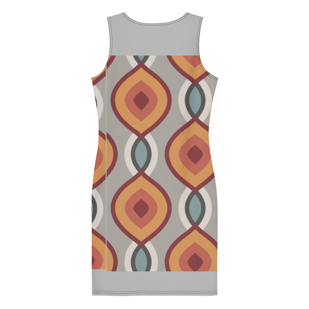 LuckeLadybug patterned bodycon dress featuring a vibrant geometric design in warm colors