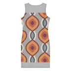 LuckeLadybug patterned bodycon dress featuring a vibrant geometric design in warm colors