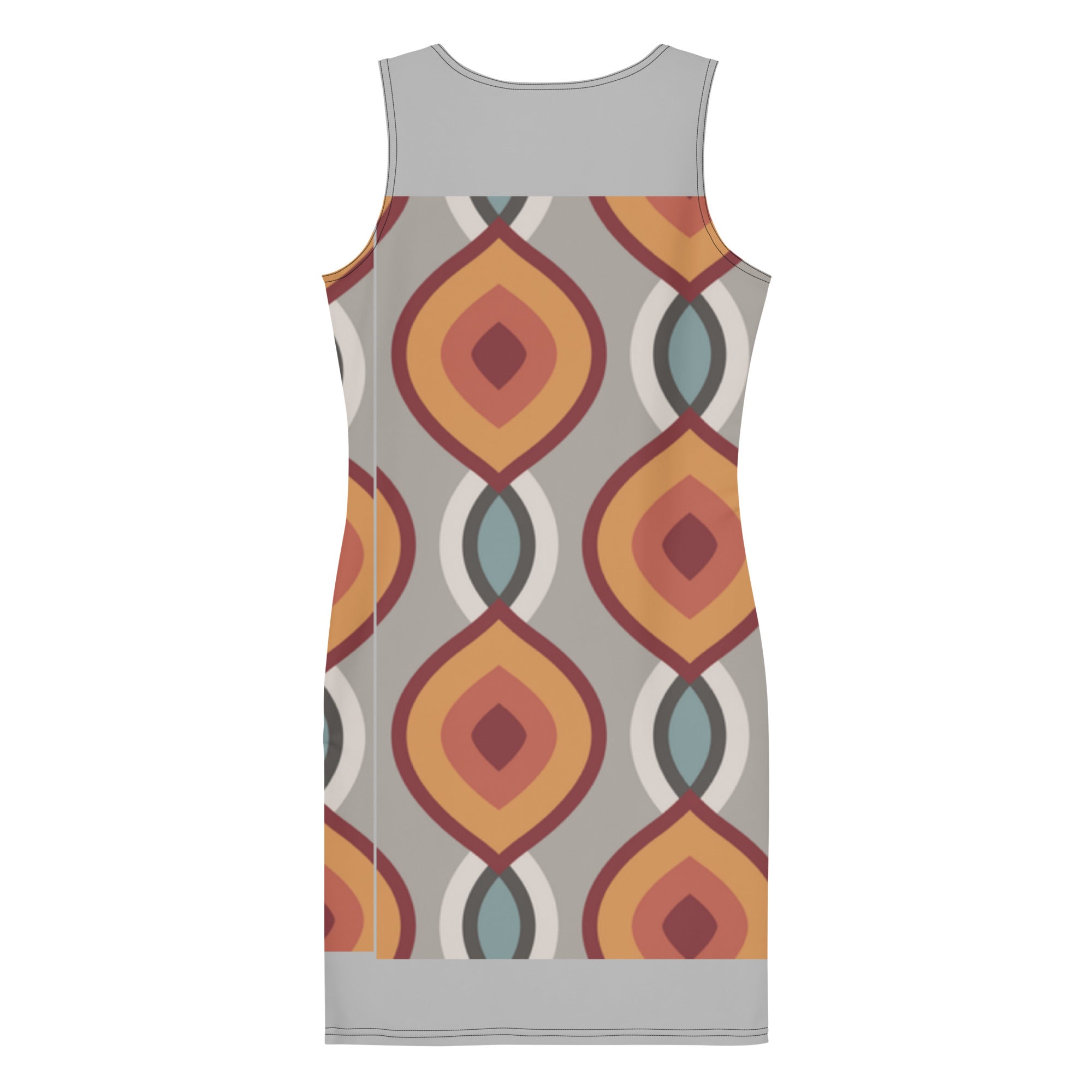 LuckeLadybug patterned bodycon dress featuring a vibrant geometric design in warm colors
