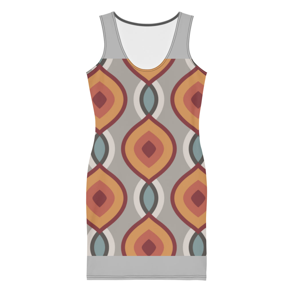 Stylish patterned bodycon dress featuring a modern geometric design in warm colors