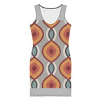 Stylish patterned bodycon dress featuring a modern geometric design in warm colors