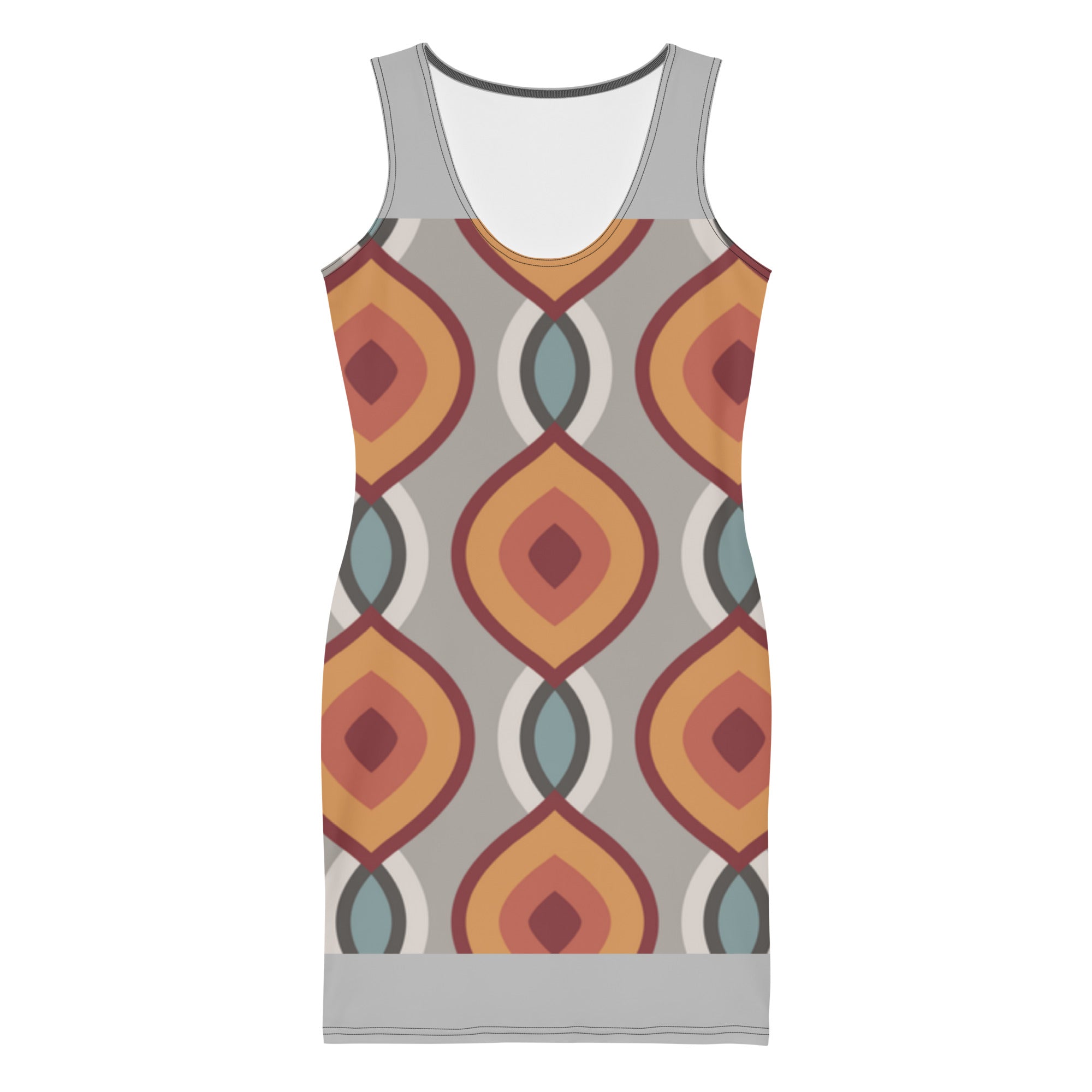 Stylish patterned bodycon dress featuring a modern geometric design in warm colors