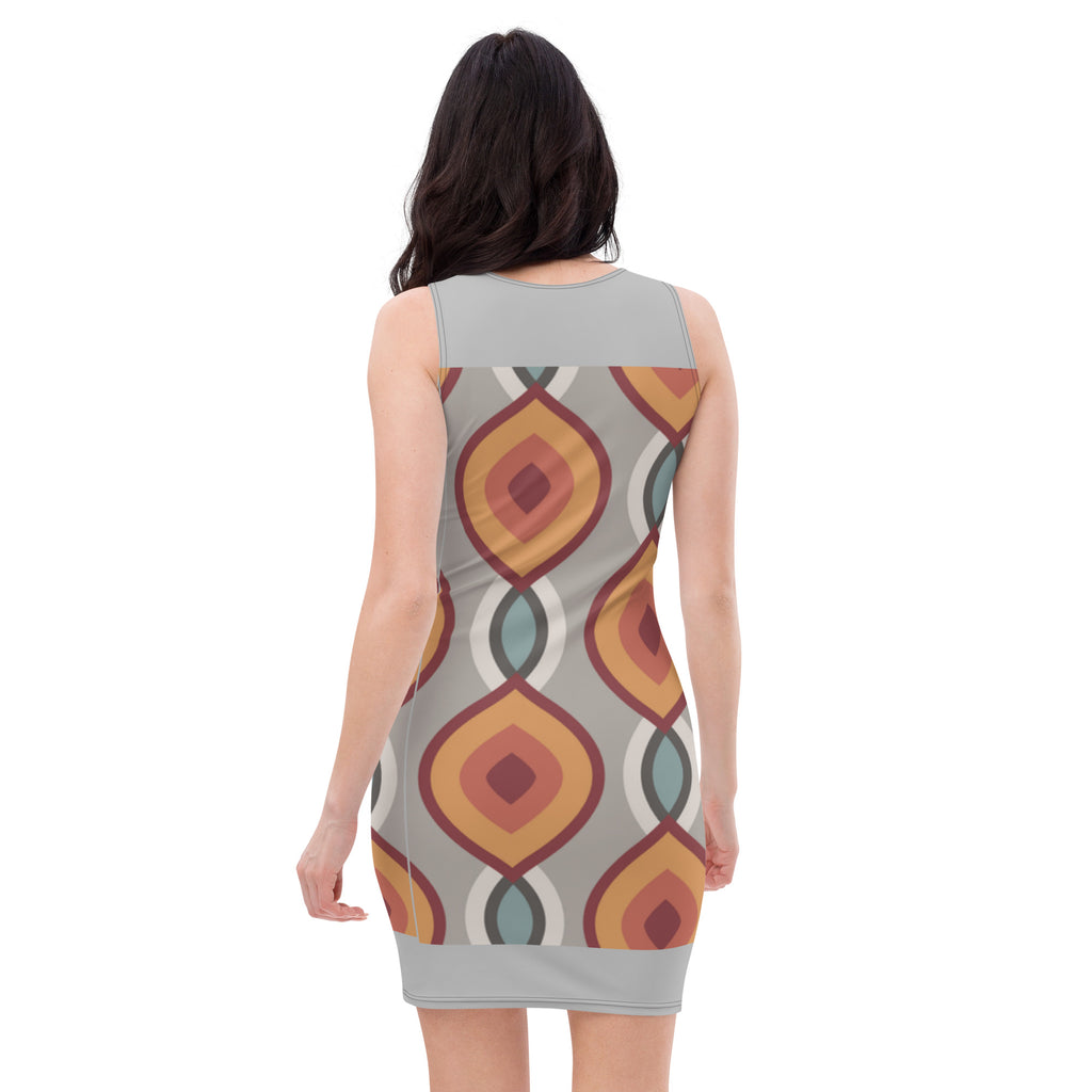 Back view of a patterned bodycon dress featuring colorful geometric designs by LuckeLadybug
