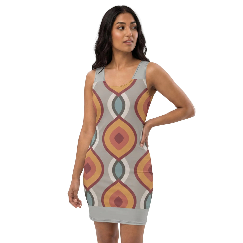 LuckeLadybug patterned bodycon dress in modern geometric design featuring warm colors