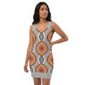 LuckeLadybug patterned bodycon dress in modern geometric design featuring warm colors