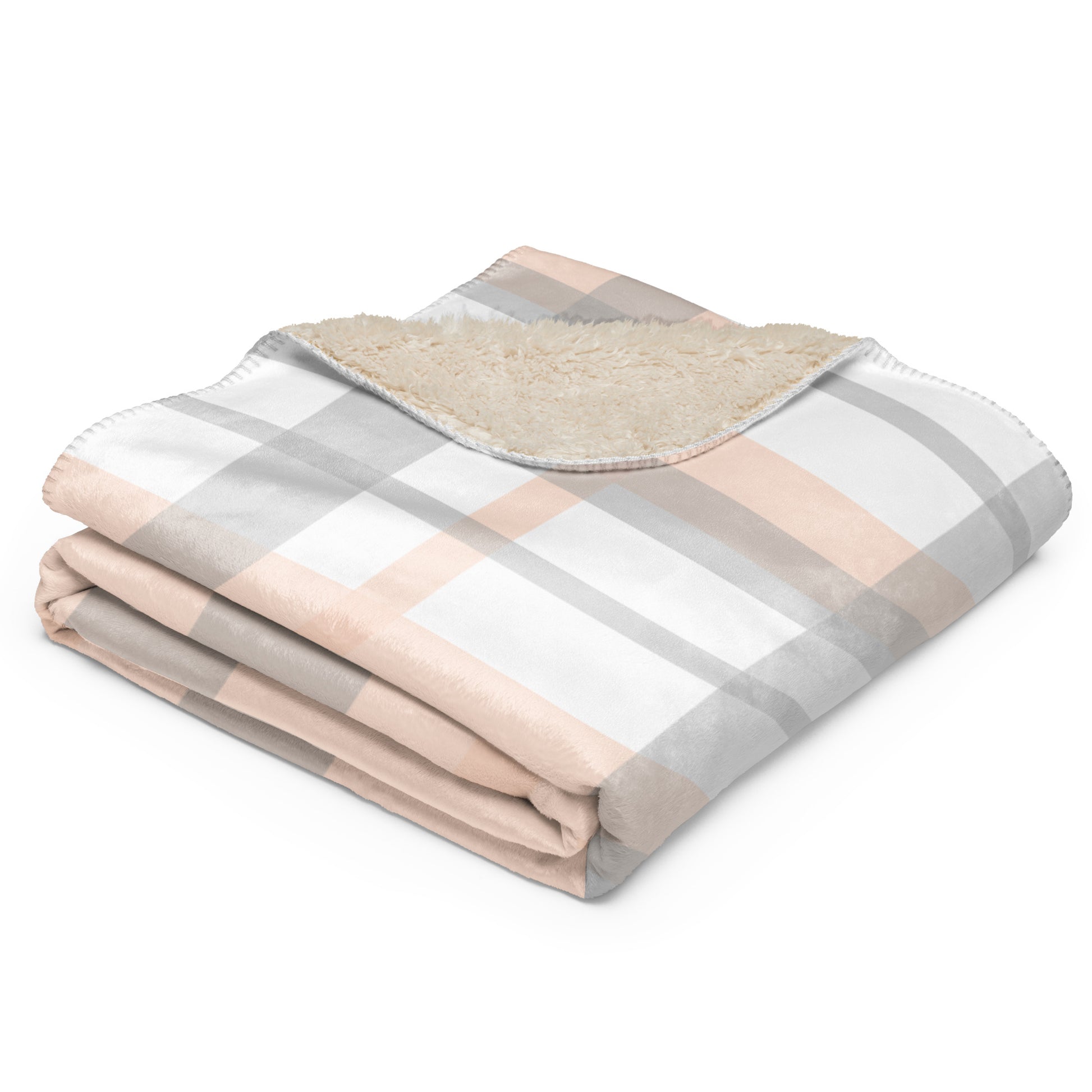 LuckeLadybug peach grey plaid sherpa blanket folded showing soft sherpa lining and cozy plaid design