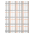 LuckeLadybug peach grey plaid sherpa blanket with soft cozy fabric and simple checkered design