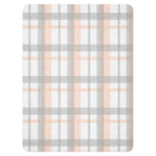 LuckeLadybug peach grey plaid sherpa blanket with soft cozy fabric and simple checkered design