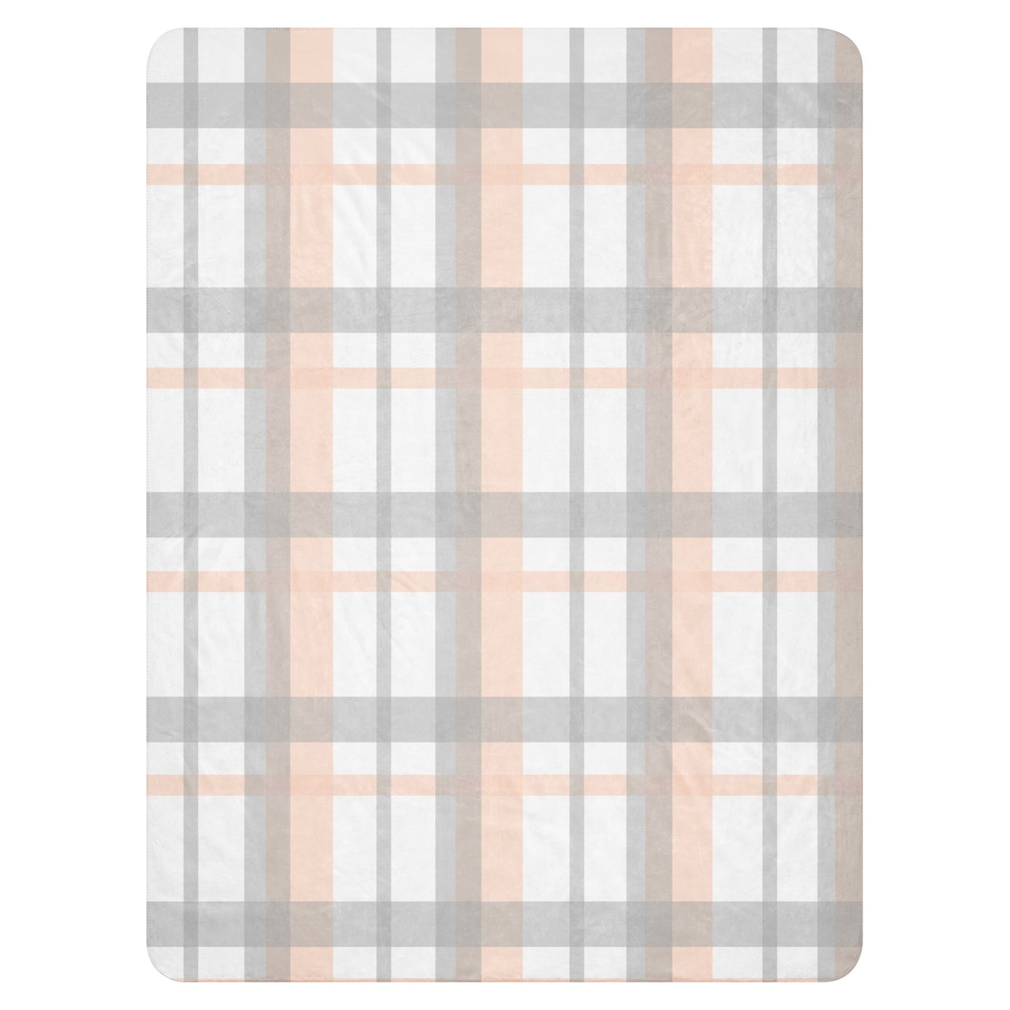 LuckeLadybug peach grey plaid sherpa blanket with soft cozy fabric and simple checkered design