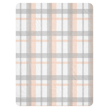 LuckeLadybug peach grey plaid sherpa blanket with soft cozy fabric and simple checkered design