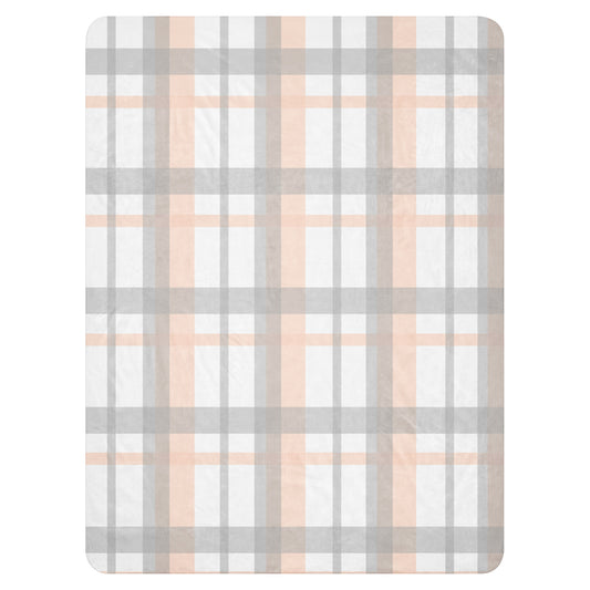 LuckeLadybug peach grey plaid sherpa blanket with soft cozy fabric and simple checkered design