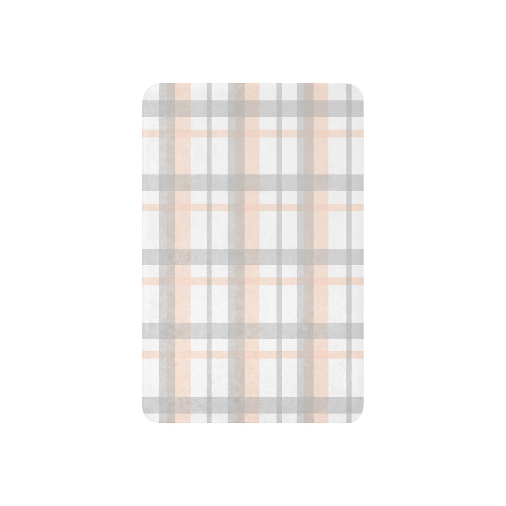 Peach grey plaid sherpa blanket by LuckeLadybug with soft cozy texture and warm design