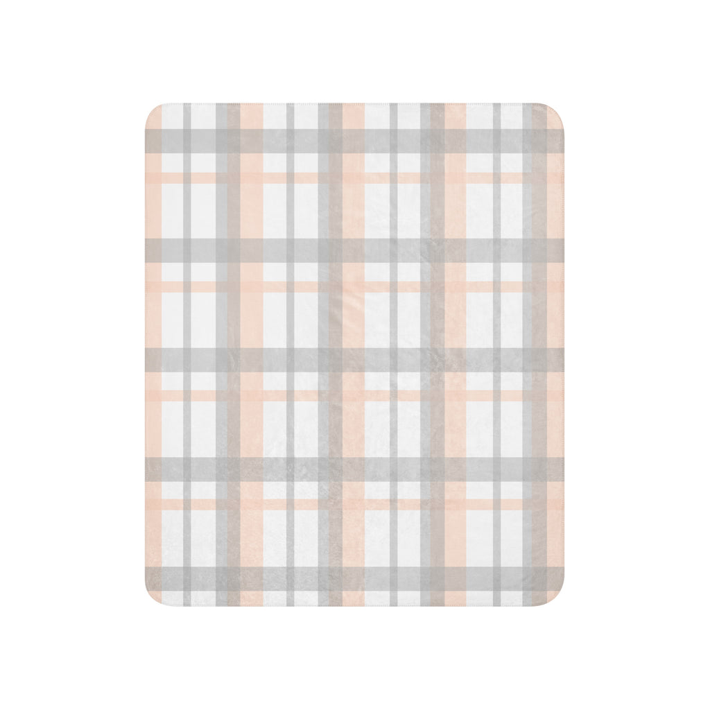 LuckeLadybug peach grey plaid sherpa blanket with soft cozy texture and classic checkered design