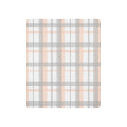 LuckeLadybug peach grey plaid sherpa blanket with soft cozy texture and classic checkered design