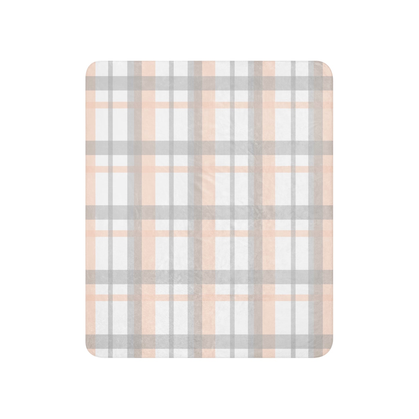 LuckeLadybug peach grey plaid sherpa blanket with soft cozy texture and classic checkered design