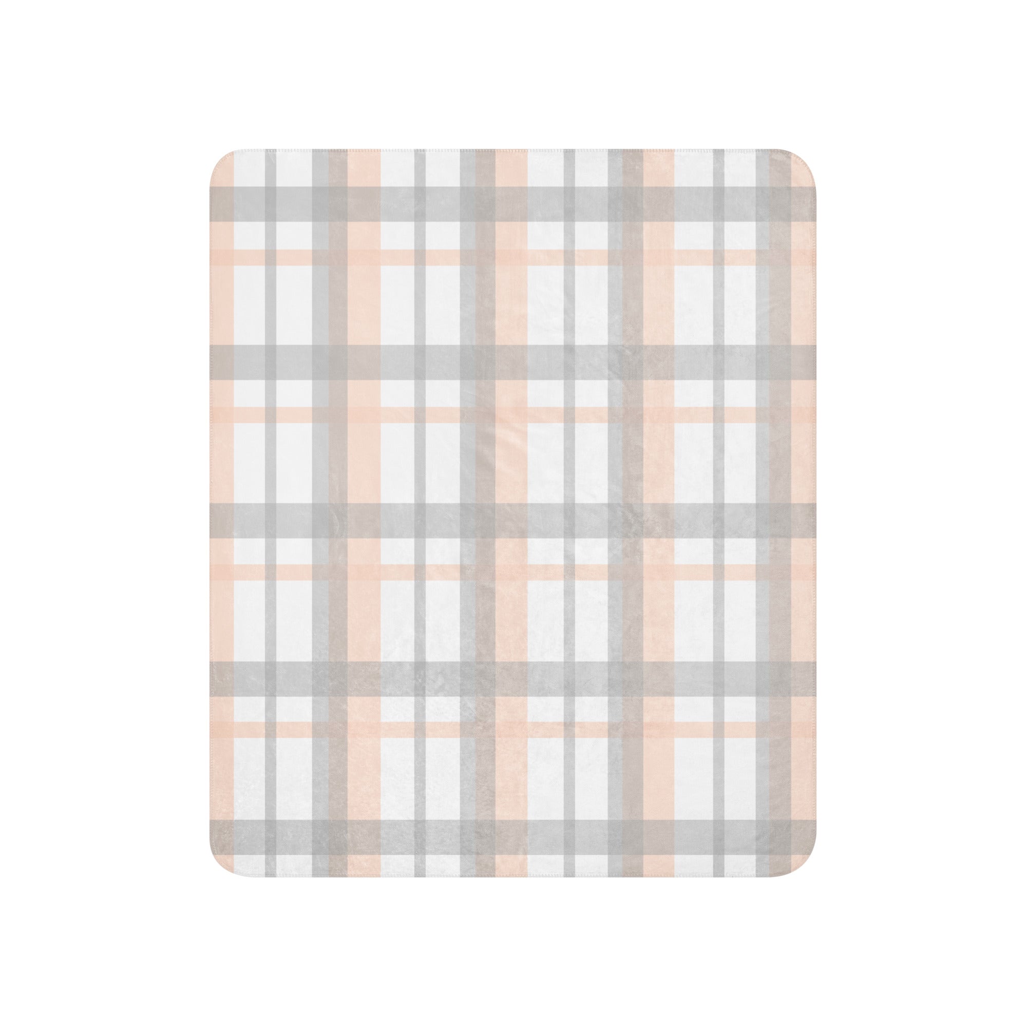 LuckeLadybug peach grey plaid sherpa blanket with soft cozy texture and classic checkered design