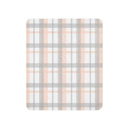LuckeLadybug peach grey plaid sherpa blanket with soft cozy texture and classic checkered design