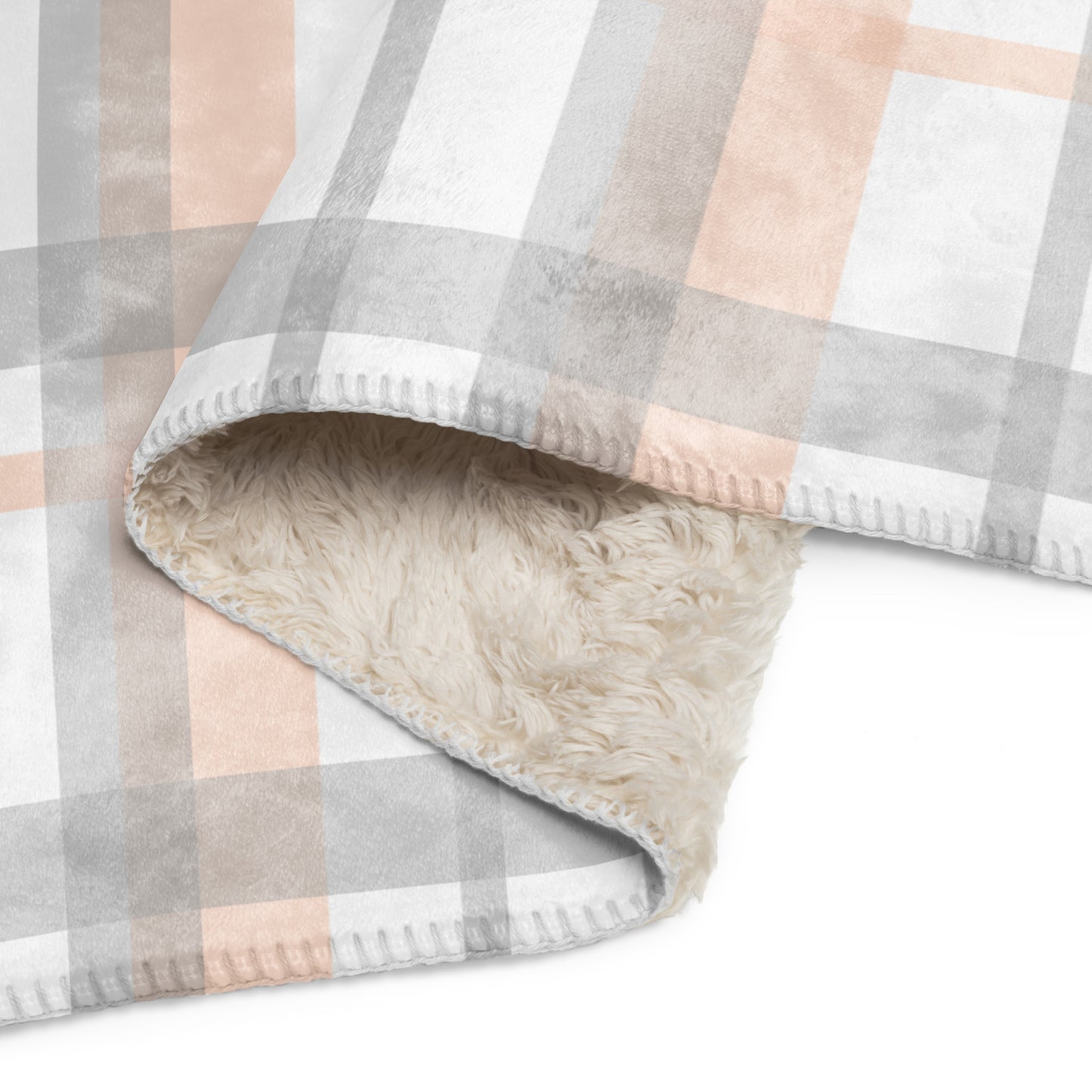 LuckeLadybug peach grey plaid sherpa blanket with soft fluffy sherpa lining and cozy design