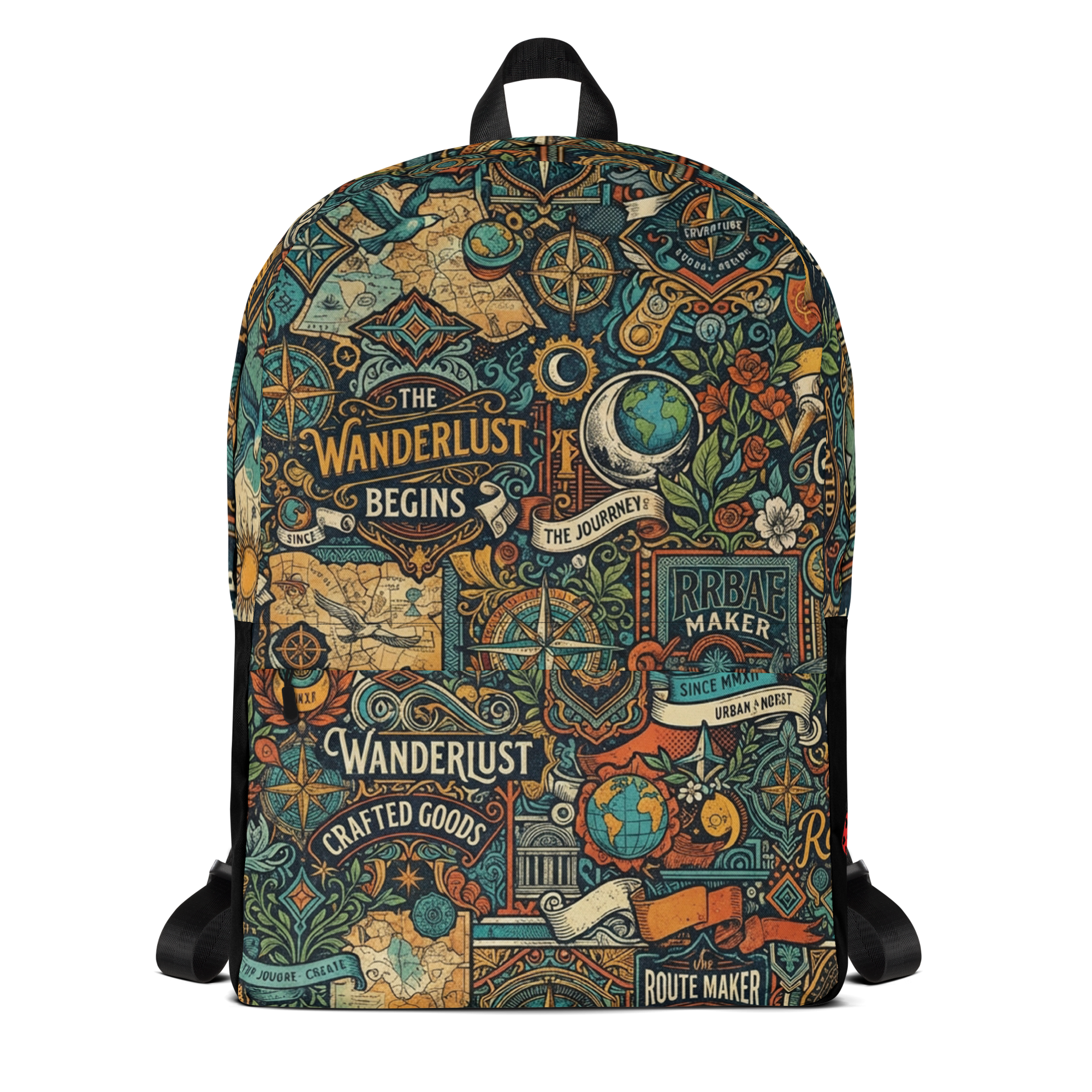 Colorful LuckeLadybug peak designs everyday backpack featuring travel-themed artwork and durable materials