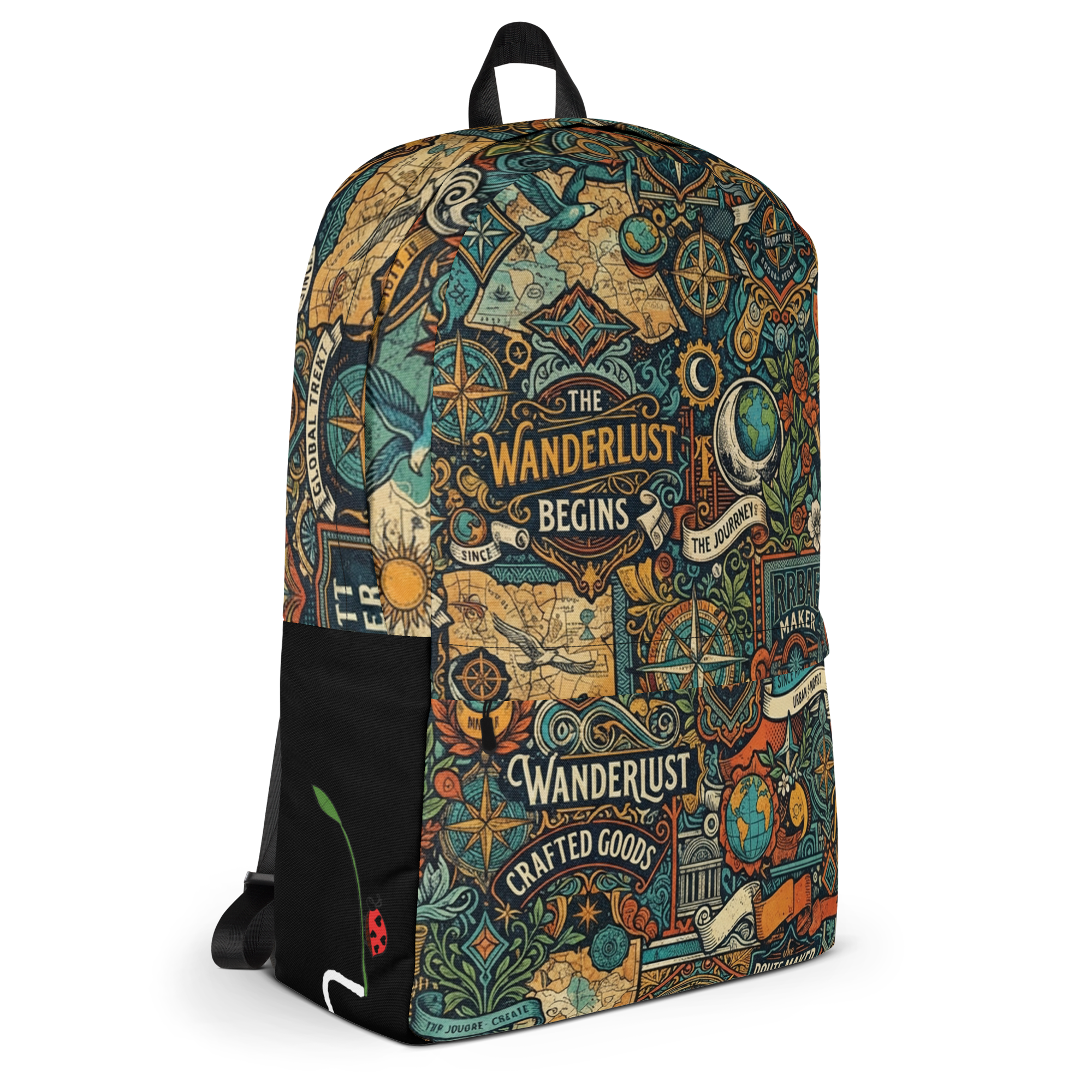 LuckeLadybug Wanderlust-themed backpack featuring intricate designs and the peak designs everyday backpack keyword