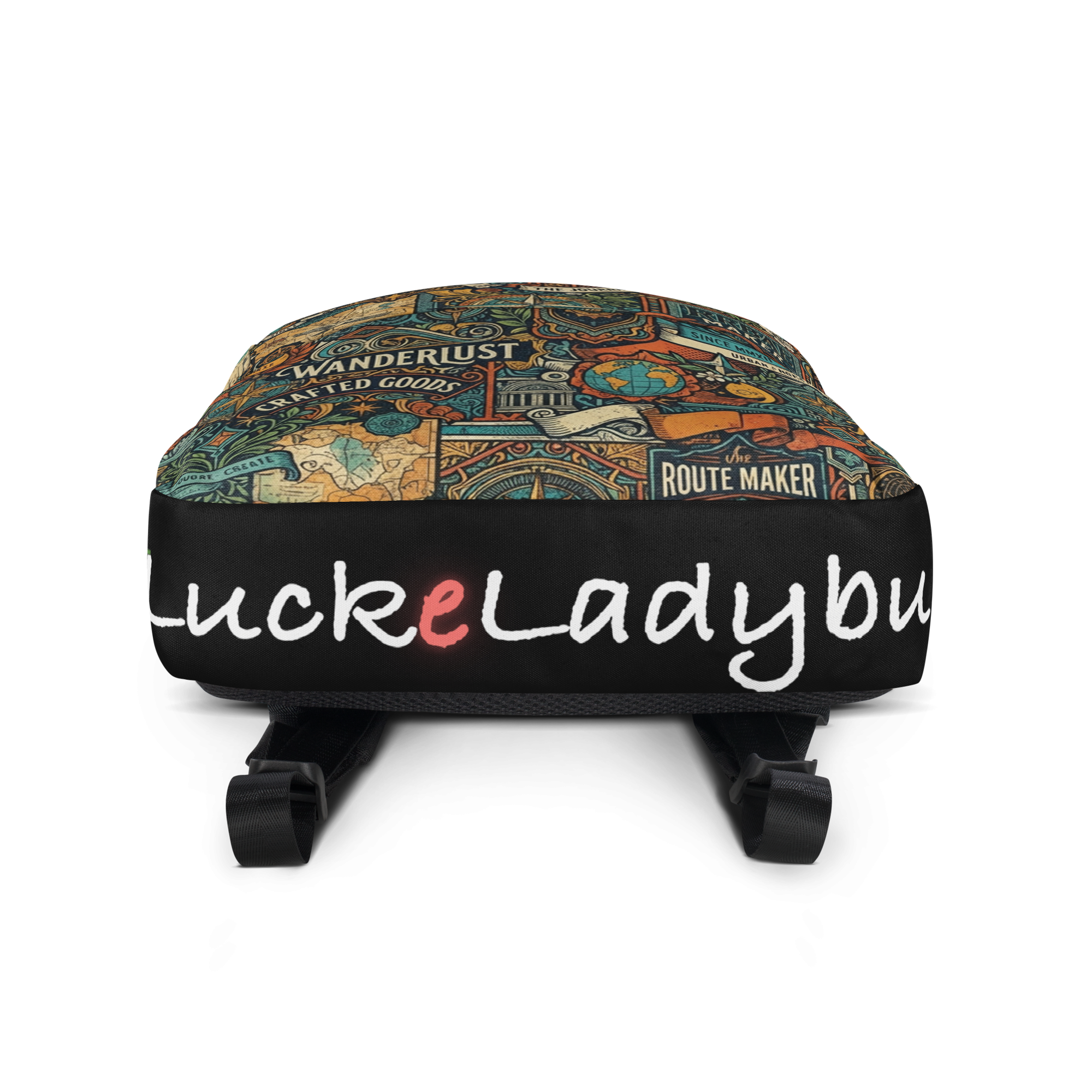 LuckeLadybug everyday backpack featuring vibrant wanderlust design, ideal for travel and daily use