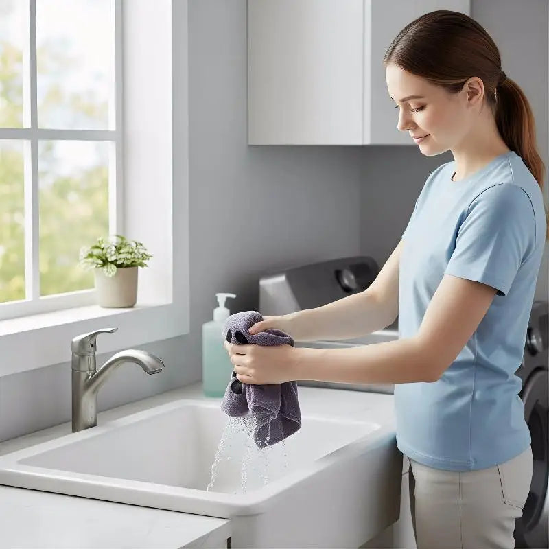 LuckeLadybug LLC absorbent towel being used for drying hands at a kitchen sink
