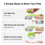 LuckeLadybug grooming brush for dogs showing easy wash steps with anti-spill cap for pet grooming near me