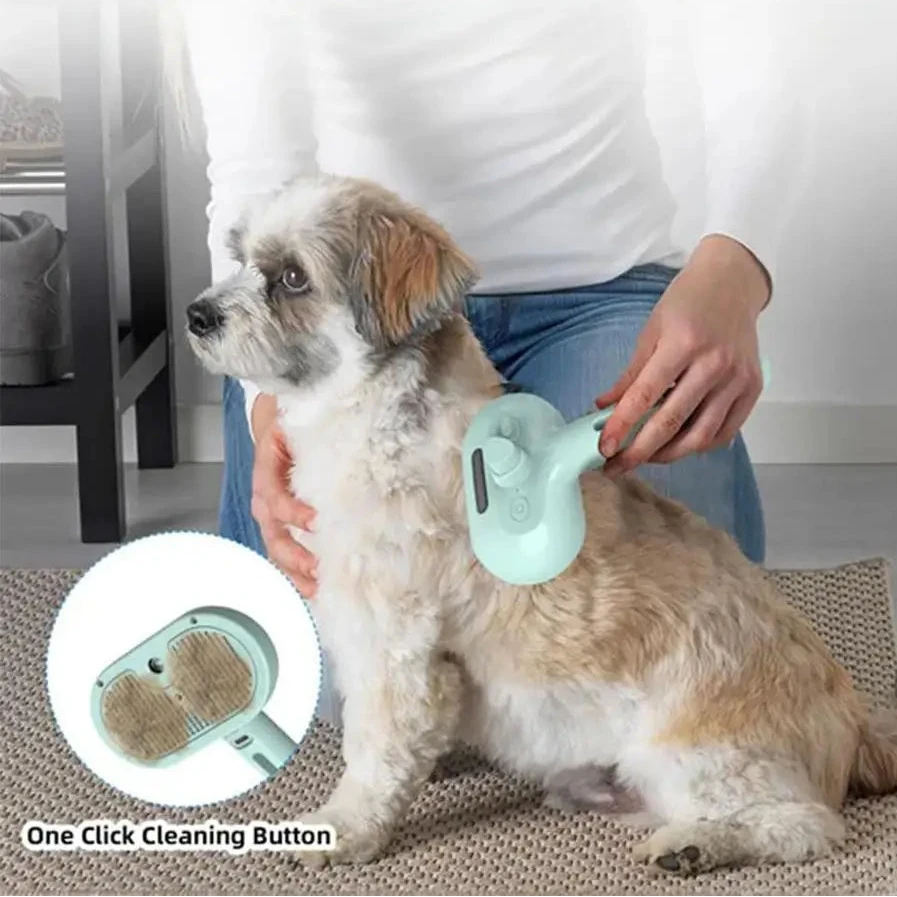 Pet grooming brush for dogs featuring a one-click cleaning button for easy fur removal