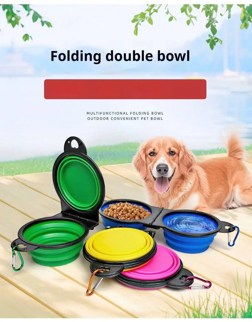 Folding double bowl for dogs in multiple colors, perfect slow eating dog bowl for outdoor use