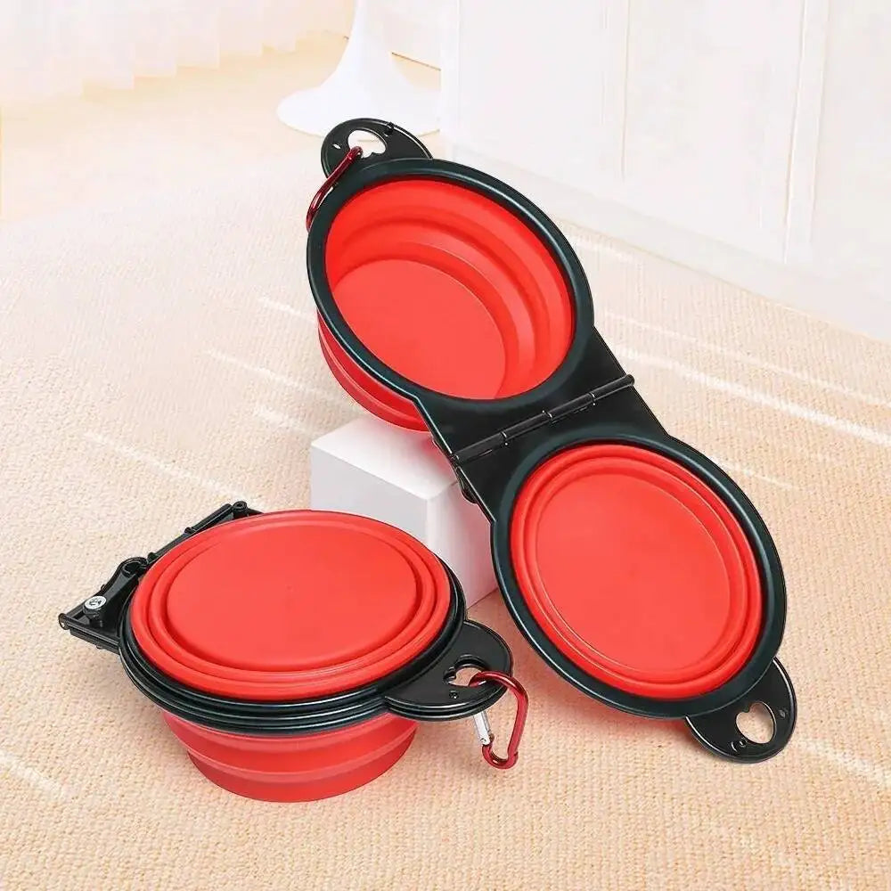 Red collapsible slow eating dog bowl for convenient feeding on the go