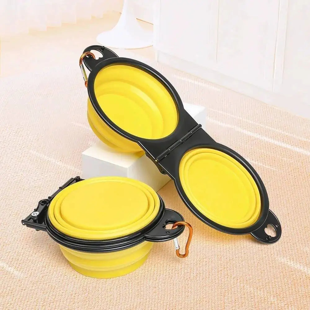 Collapsible yellow slow eating dog bowl by LuckeLadybug LLC for promoting healthy eating habits