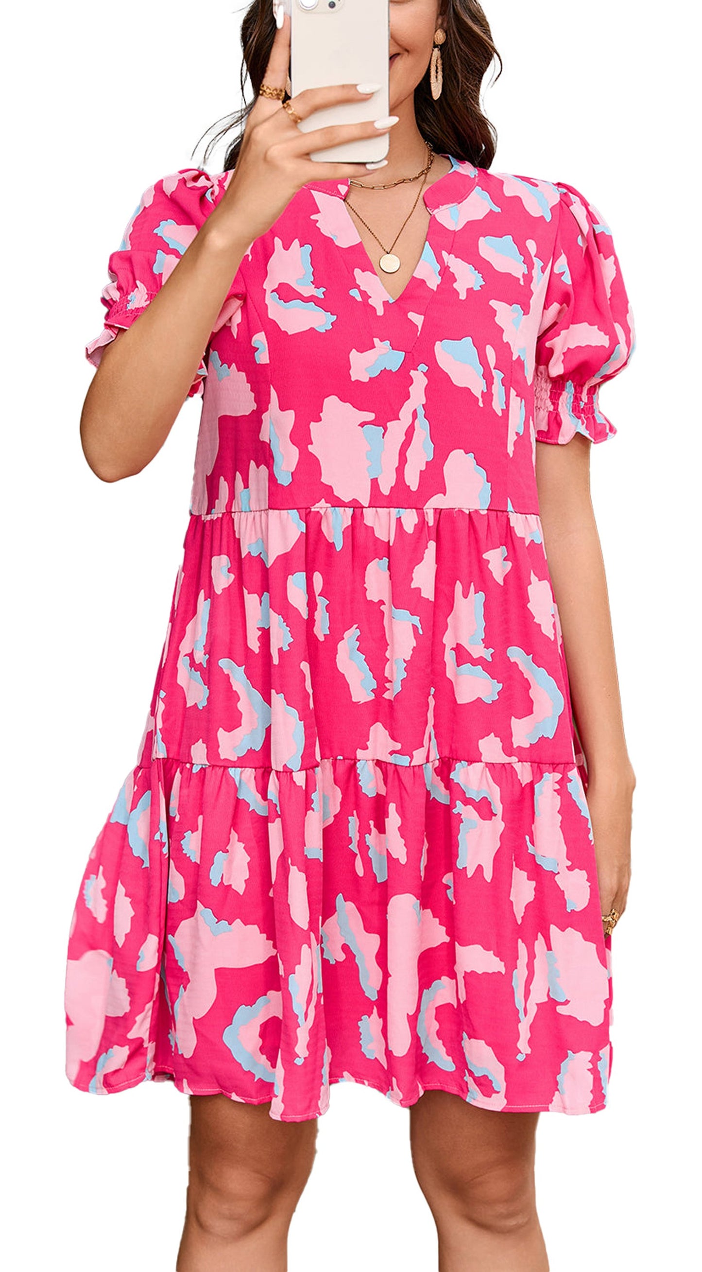 LuckeLadybug pink abstract puff sleeve dress with a flattering fit and flare silhouette