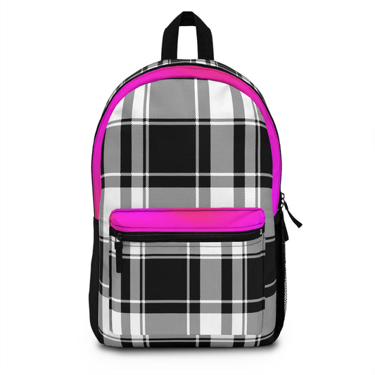 LuckeLadybug pink and black plaid backpack with front zipper pocket and black handle