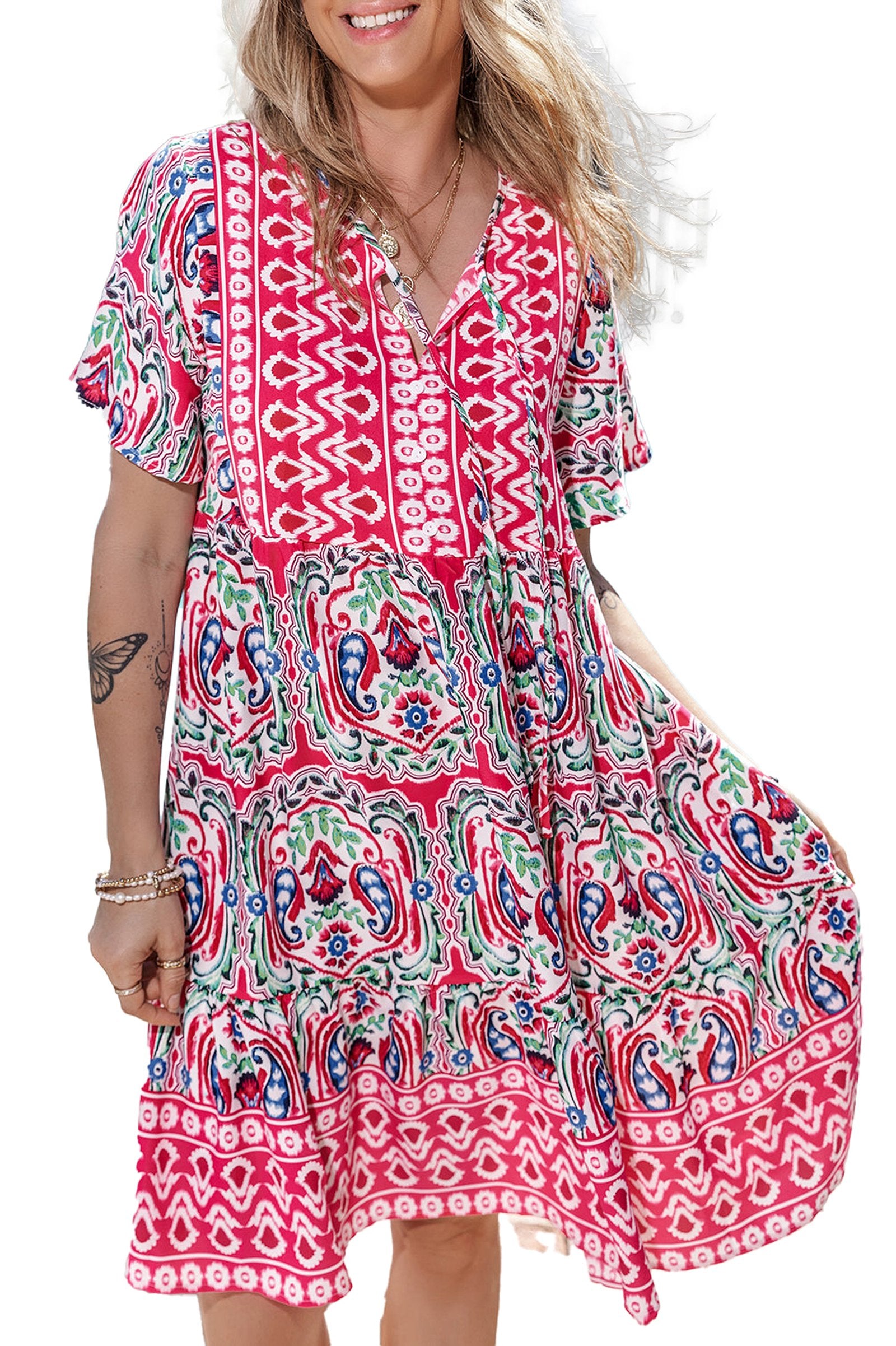 LuckeLadybug pink bohemian short dress with colorful print and relaxed fit for summer outings