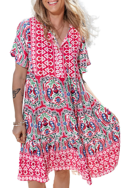 LuckeLadybug pink bohemian short dress with colorful print and relaxed fit for summer outings