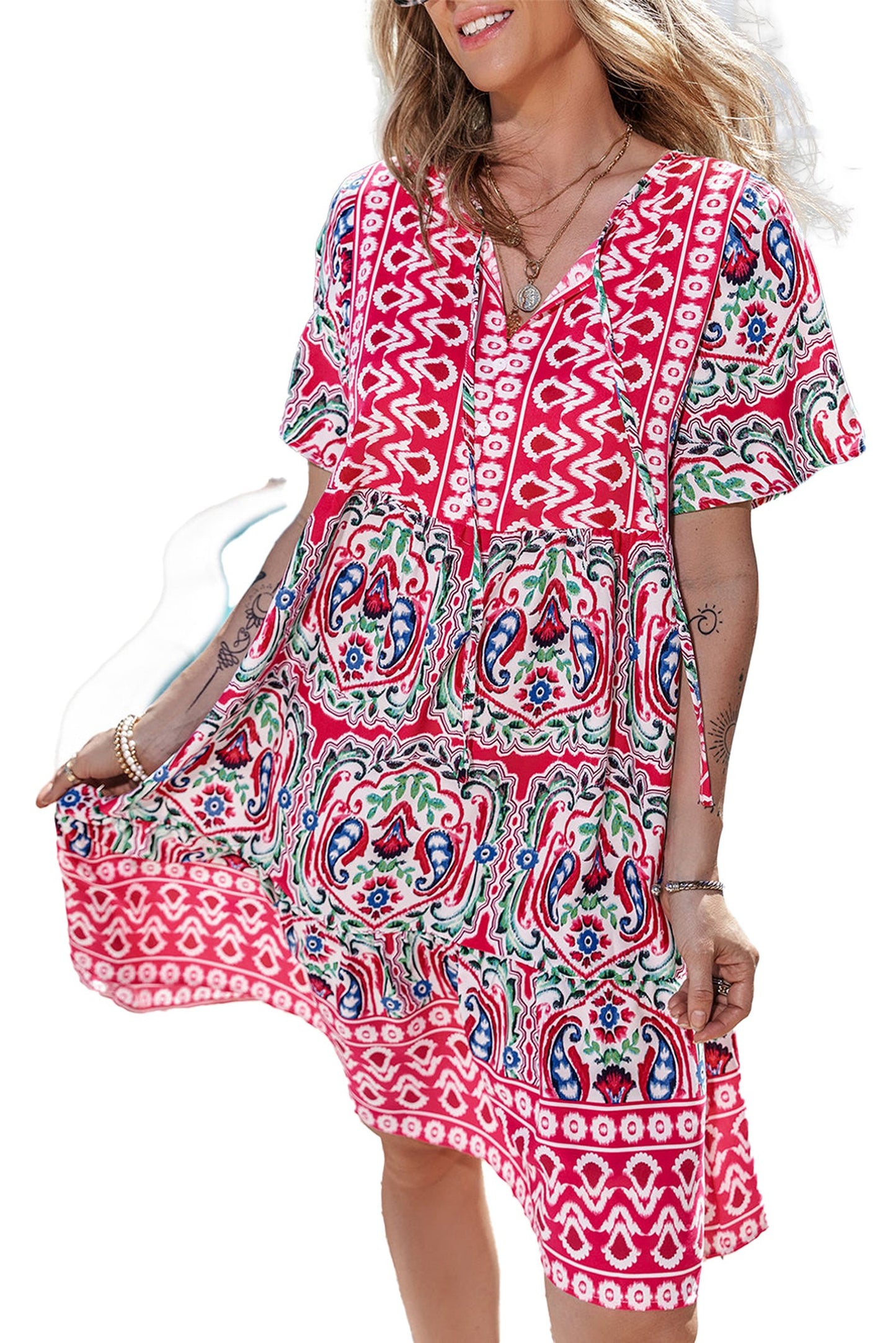 LuckeLadybug pink bohemian short dress with vibrant patterns, perfect for summer outings