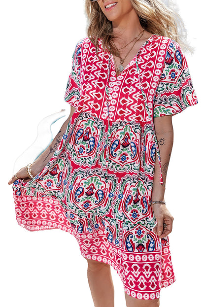 LuckeLadybug pink bohemian short dress with vibrant patterns, perfect for summer outings