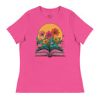 Pink LuckeLadybug book lover t-shirt for women with colorful flowers blooming from an open book