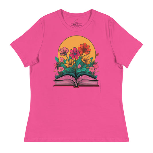 Pink LuckeLadybug book lover t-shirt for women with colorful flowers blooming from an open book