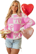 LuckeLadybug pink bow checkered sweater featuring a cozy design with pastel colors and a playful pattern