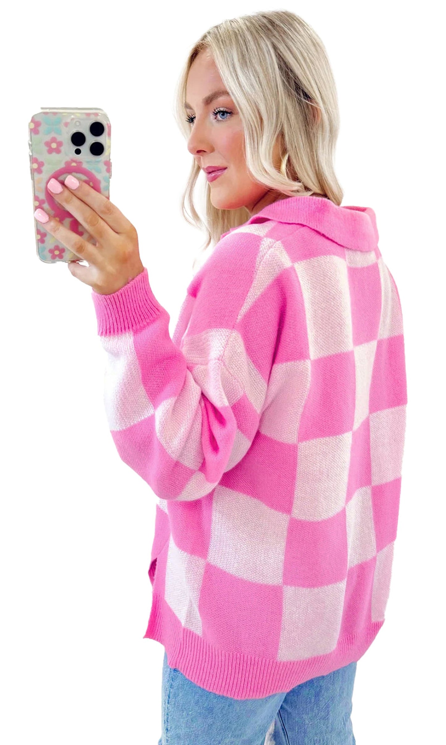 LuckeLadybug pink checkerboard sweater featuring a stylish collar and cozy fit