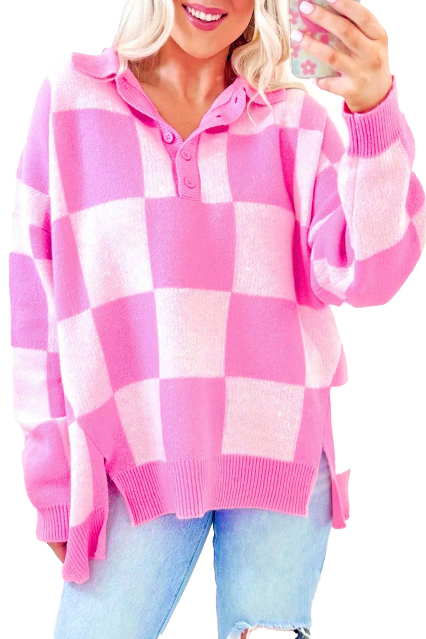 LuckeLadybug pink checkerboard sweater with a relaxed fit and buttoned collar for a trendy look