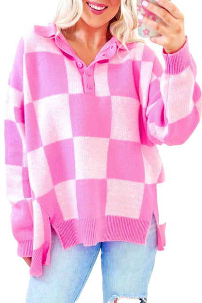 LuckeLadybug pink checkerboard sweater with a relaxed fit and buttoned collar for a trendy look
