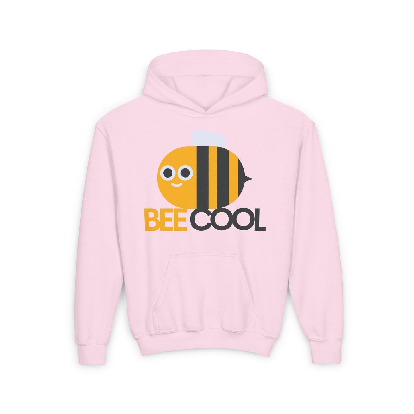 Pink cozy kids bee sweatshirt with cute bee graphic and BEE COOL text by LuckeLadybug