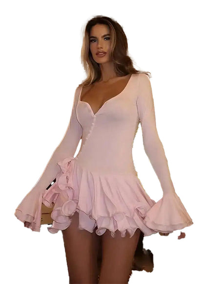 Pink flare sleeve mini dress with ruffled hem and V-neck design for stylish casual wear